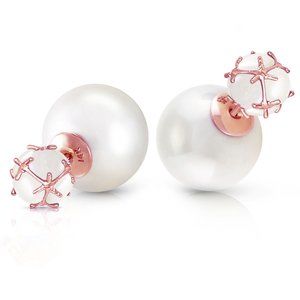 14K. SOLID GOLD TRIBAL DOUBLE SHELL PEARLS AND OPALS STUD EARRINGS (Rose Gold)